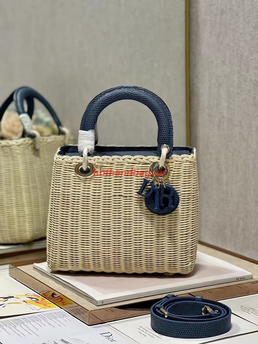 MEDIUM LADY DIOR BAG Natural Wicker and BlueLizard skin M0565 MEDIUM LADY DIOR BAG Natural Wicker and BlueLizard skin M0565
