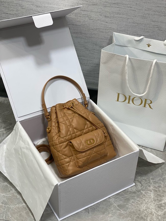 Small Dior Caro Bucket Bag Macrocannage Lambskin M3372 Light Gold-Tone