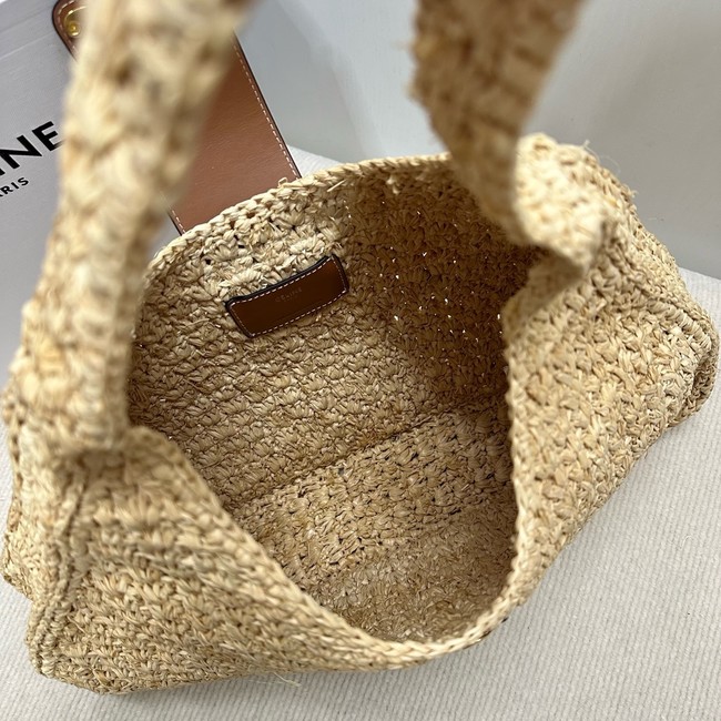 CELINE CABAS TRIANGLE IN RAFFIA AND CALFSKIN 119772 NATURAL / TAN