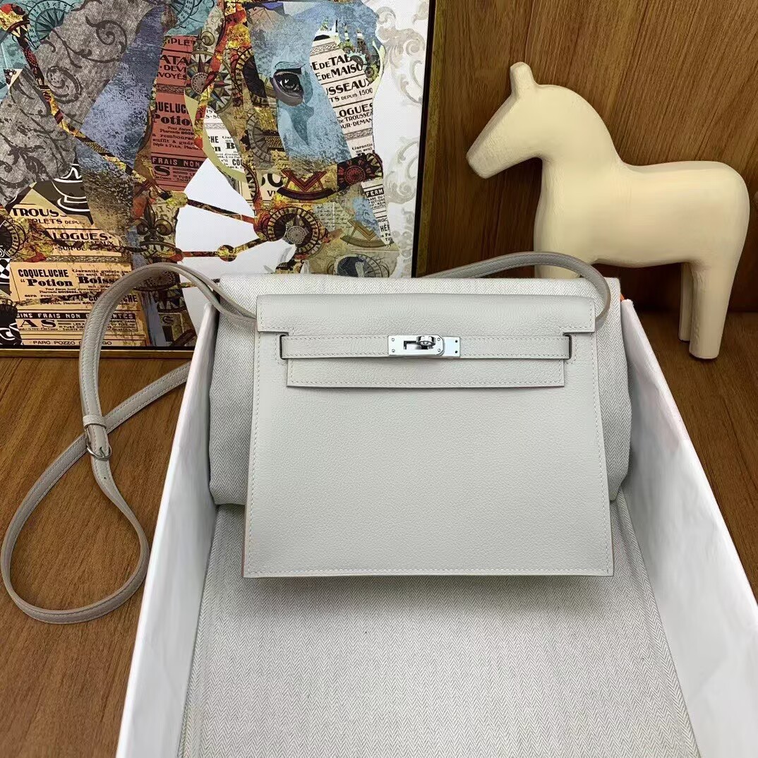 Hermes Kelly Danse Original Evercolor Leather 22CM KL22 Light Silver-Tone